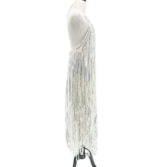 Rotate Birger Christensen Sequin Metallic Fringe Sleeveless Dress Silver Size 10 - Picture 10 of 16
